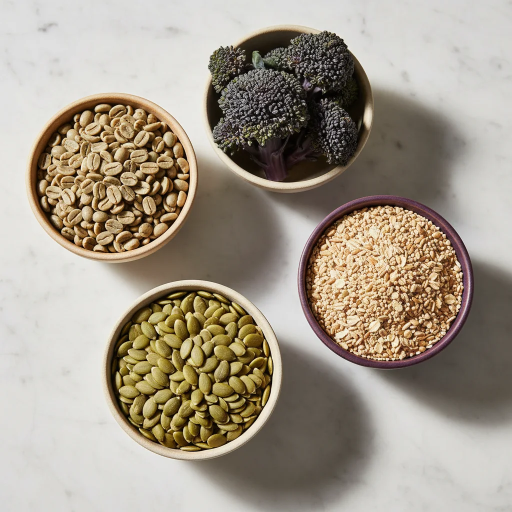 Wellness botanicals including broccoli and pumpkin seeds arranged in ceramic bowls