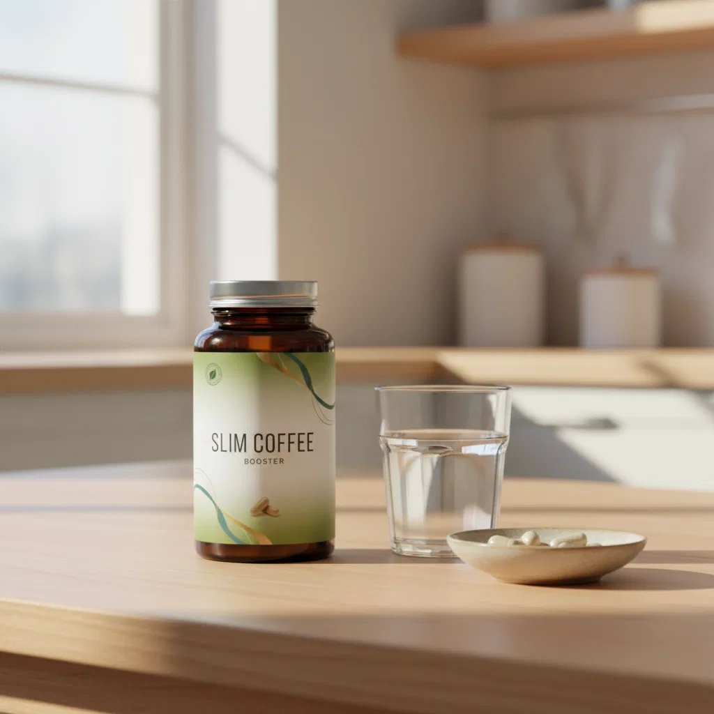 Slim Coffee Booster box beside a ceramic mug and green coffee beans